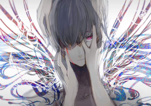 Anime picture 1000x707 with tokyo ghoul studio pierrot kaneki ken ryou (kaleidoscope) single looking at viewer fringe short hair upper body pink eyes grey hair hair over one eye hand on face boy