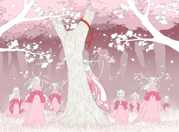 Anime picture 1250x925 with original eris long hair multiple girls animal ears white hair japanese clothes horn (horns) pointy ears black eyes 6+ girls 8 girls girl bow ribbon (ribbons) plant (plants) petals tree (trees) belt kimono