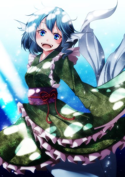 Anime picture 1273x1800 with touhou wakasagihime s-syogo single tall image looking at viewer blush short hair open mouth blue eyes blue hair traditional clothes japanese clothes underwater girl kimono obi mermaid
