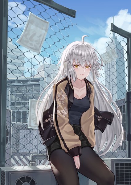 Anime picture 1063x1500 with fate (series) fate/grand order jeanne d'arc (fate) (all) jeanne d'arc alter (fate) whitecrow4444 single long hair tall image looking at viewer blush fringe breasts hair between eyes yellow eyes sky cleavage silver hair cloud (clouds) ahoge outdoors