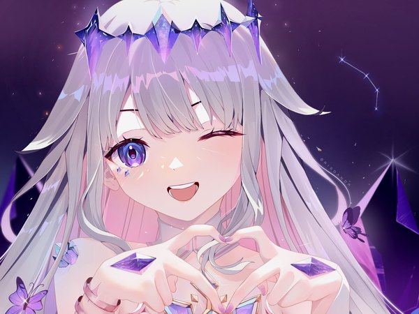 Anime picture 2048x1536 with virtual youtuber hololive hololive english koseki bijou risdandr single long hair looking at viewer highres open mouth purple eyes pink hair silver hair upper body nail polish one eye closed multicolored hair two-tone hair colored inner hair ;d