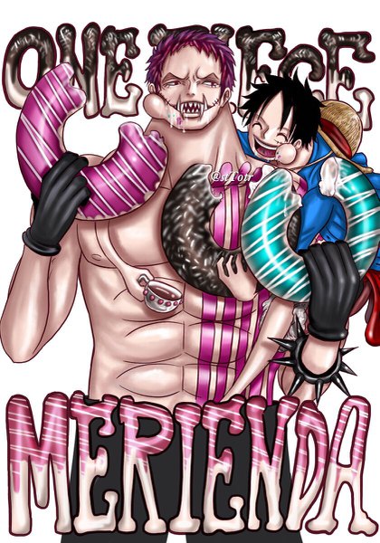 Anime picture 841x1200 with one piece toei animation monkey d. luffy charlotte katakuri stt0tr tall image fringe short hair black hair simple background smile red eyes standing white background holding signed looking away purple hair eyes closed multiple boys
