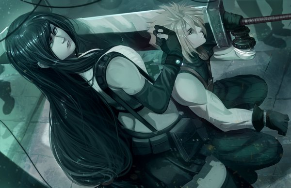 Anime picture 5100x3300 with final fantasy final fantasy vii square enix tifa lockhart cloud strife jesse schickler long hair fringe highres short hair black hair blonde hair hair between eyes standing holding looking away absurdres parted lips pleated skirt looking back