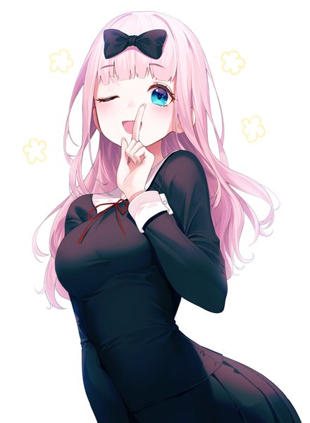 Anime-Bild 2746x3747 mit kaguya-sama wa kokurasetai ~tensai-tachi no renai zunousen~ a-1 pictures fujiwara chika peulopi single long hair tall image looking at viewer blush fringe highres breasts open mouth blue eyes simple background smile large breasts standing white background pink hair