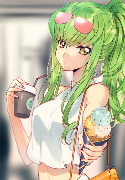 Anime picture 600x866 with code geass sunrise (studio) c.c. cheese-kun creayus single long hair tall image looking at viewer fringe breasts hair between eyes bare shoulders holding yellow eyes payot ponytail green hair blurry bare belly