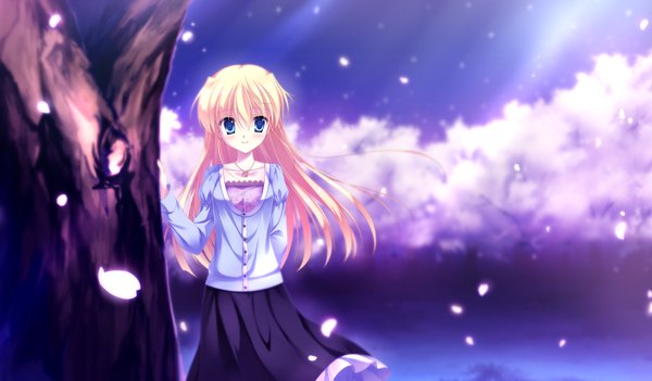 Anime picture 1024x600 with da capo iii long hair blush blue eyes blonde hair wide image game cg cherry blossoms girl dress plant (plants) petals tree (trees)