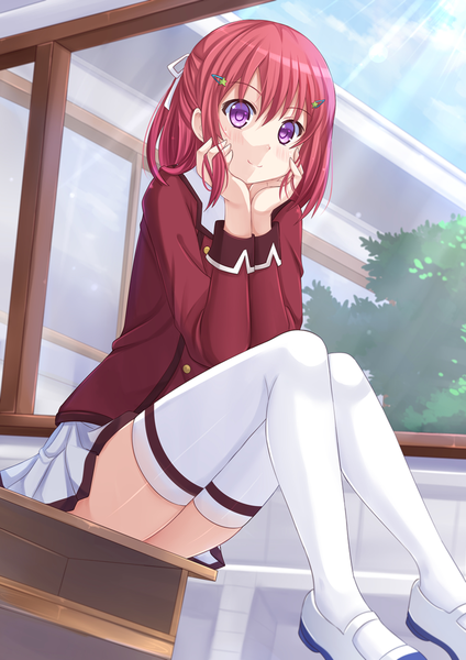 Anime picture 945x1337 with inou-battle wa nichijou-kei no naka de studio trigger kanzaki tomoyo kazenokaze single tall image blush short hair sitting purple eyes red hair girl thighhighs skirt uniform school uniform white thighhighs