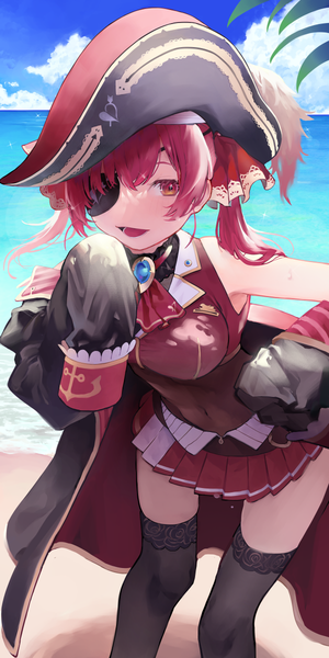 Anime picture 600x1200 with virtual youtuber hololive houshou marine houshou marine (1st costume) aroha (aroha390) single long hair tall image open mouth red eyes twintails sky cloud (clouds) red hair :d pleated skirt midriff leaning leaning forward beach