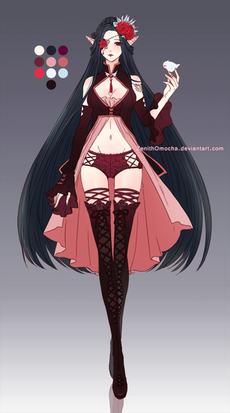 Anime picture 558x1000 with original zenithomocha single tall image blush light erotic black hair simple background red eyes standing cleavage very long hair hair flower pointy ears bare belly lacing bird on hand girl navel underwear