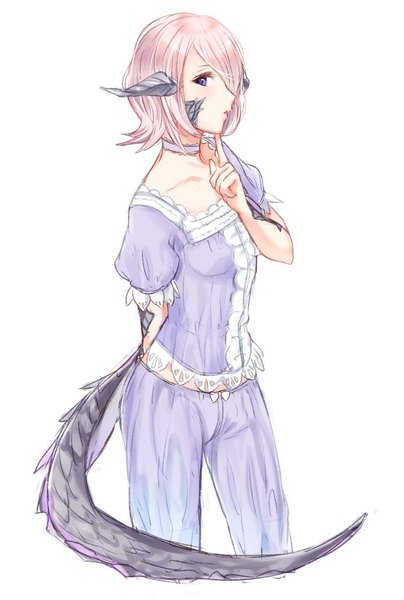 Anime picture 691x1024 with final fantasy final fantasy xiv square enix au ra mimimi1003 single tall image short hair breasts blue eyes simple background standing white background pink hair tail parted lips short sleeves puffy sleeves arm behind back monster girl