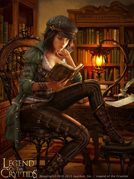 Anime picture 720x960 with legend of the cryptids manalee laura sava (anotherwanderer) single tall image short hair black hair sitting looking away bent knee (knees) lips realistic copyright name reading girl frills belt book (books) knee boots chair