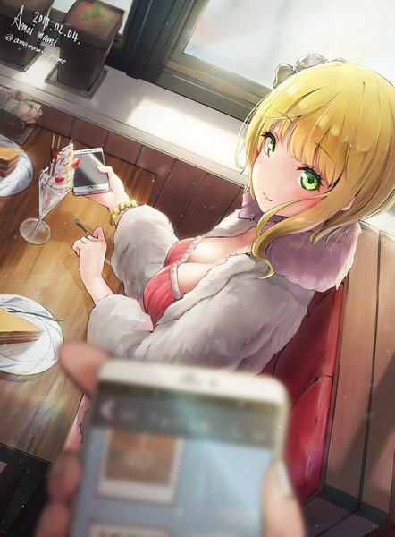 Anime picture 1260x1709 with idolmaster idolmaster cinderella girls idolmaster cinderella girls starlight stage miyamoto frederica amamami prime tall image looking at viewer blush fringe short hair breasts blonde hair large breasts sitting holding green eyes signed cleavage upper body indoors