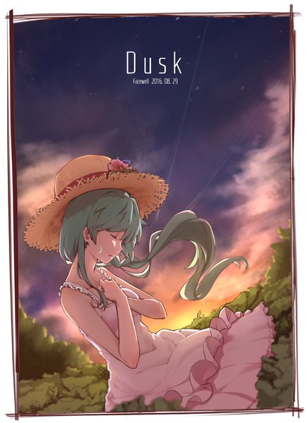 Anime picture 1240x1712 with vocaloid hatsune miku zhayin-san single long hair tall image breasts bare shoulders sky cloud (clouds) outdoors eyes closed profile green hair wind blurry dutch angle depth of field sleeveless text