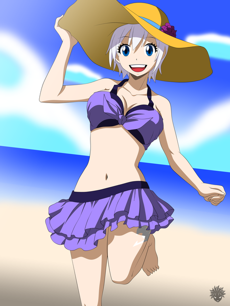 Anime picture 3751x5000 with fairy tail lisanna strauss maddog05 single tall image highres short hair open mouth blue eyes light erotic smile absurdres sky cloud (clouds) white hair tattoo coloring girl navel swimsuit