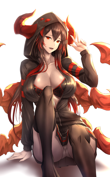 Anime-Bild 700x1125 mit original limeblock single long hair tall image looking at viewer fringe breasts open mouth light erotic simple background hair between eyes red eyes large breasts white background sitting cleavage bent knee (knees) ass red hair