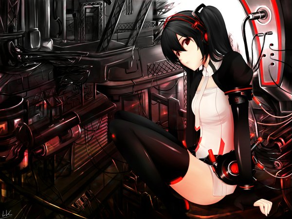 Anime picture 1600x1200 with vocaloid vocaloid append hatsune miku hatsune miku (append) liuli (llc) long hair black hair red eyes twintails alternate color girl thighhighs black thighhighs necktie headphones wire (wires) machine