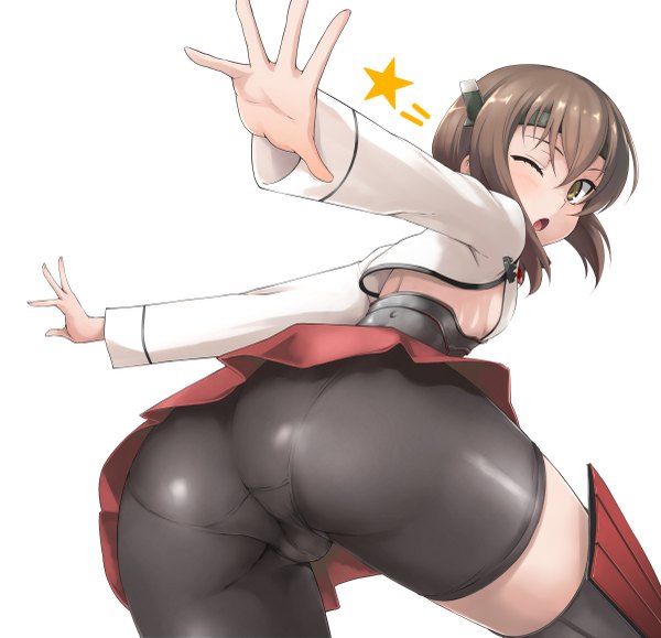 Anime picture 1200x1159 with kantai collection taihou armored aircraft carrier ipuu (el-ane koubou) looking at viewer fringe short hair light erotic simple background brown hair white background brown eyes ass one eye closed wink from behind leaning leaning forward sideboob trefoil girl