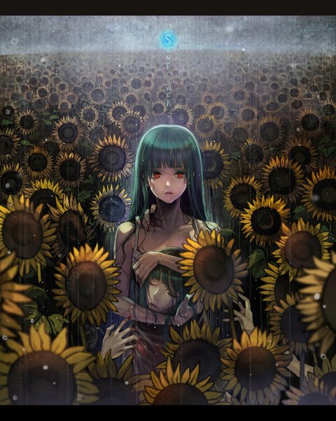 Anime picture 1000x1250 with original agasang long hair tall image red eyes bare shoulders multiple girls eyes closed nail polish green hair wet letterboxed rain girl 2 girls sundress sunflower
