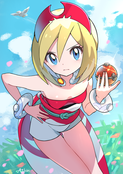 Anime picture 1800x2546 with pokemon pokemon (game) pokemon legends: arceus nintendo irida (pokemon) hisuian braviary aibon single tall image looking at viewer fringe highres short hair blue eyes blonde hair hair between eyes signed sky cloud (clouds) leaning