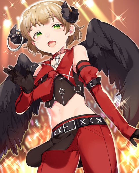 Anime picture 2000x2500 with idolmaster idolmaster side-m himeno kanon mihatarou single tall image looking at viewer highres short hair open mouth brown hair green eyes horn (horns) sparkle from below midriff black wings androgynous boy gloves