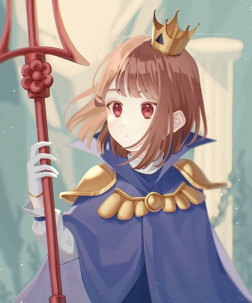 Anime picture 1617x1944 with undertale chara (undertale) ake blood single tall image fringe short hair red eyes brown hair signed looking away upper body long sleeves twitter username androgynous gloves weapon white gloves armor cape