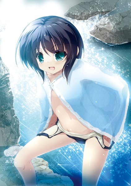 Anime picture 1155x1640 with original akahito single tall image looking at viewer short hair open mouth blue eyes light erotic black hair girl navel swimsuit water towel