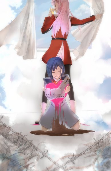 Anime picture 1260x1942 with darling in the franxx studio trigger zero two (darling in the franxx) ichigo (darling in the franxx) akemori kiko long hair tall image short hair smile standing multiple girls blue hair pink hair sky eyes closed from behind hug kneeling girl uniform