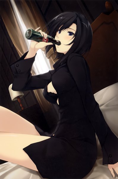 Anime picture 2647x4000 with caucasus coca-cola kirihara souko sugina miki single tall image looking at viewer blush highres short hair breasts blue eyes light erotic black hair sitting holding looking away indoors scan arm support