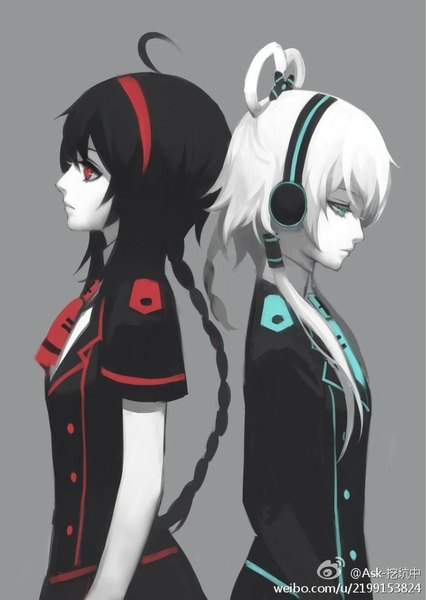 Anime picture 618x870 with vocaloid vocaloid china luo tianyi yuezheng ling ask (askzy) long hair tall image black hair simple background red eyes standing multiple girls green eyes looking away ahoge white hair braid (braids) profile lips grey background