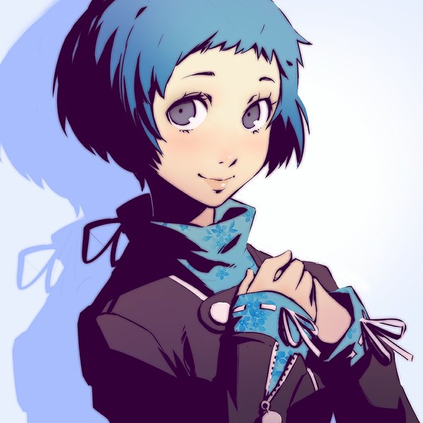 Anime picture 1024x1024 with persona 3 persona yamagishi fuuka ilya kuvshinov single looking at viewer blush short hair simple background smile blue hair black eyes portrait girl