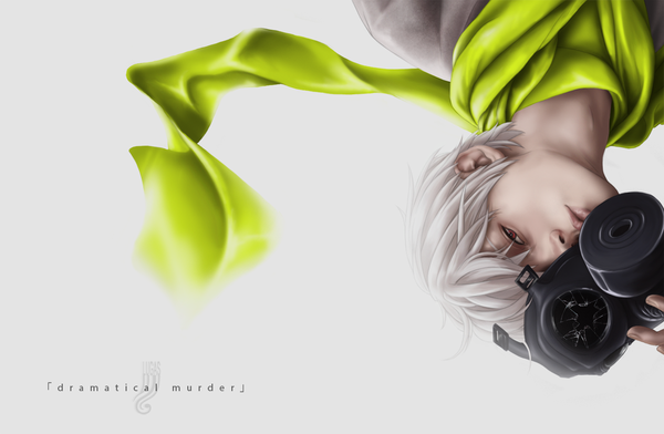 Anime picture 1173x768 with dramatical murder nitro+chiral clear (dmmd) lugas single short hair simple background red eyes grey hair realistic inscription grey background upside down boy scarf gas mask