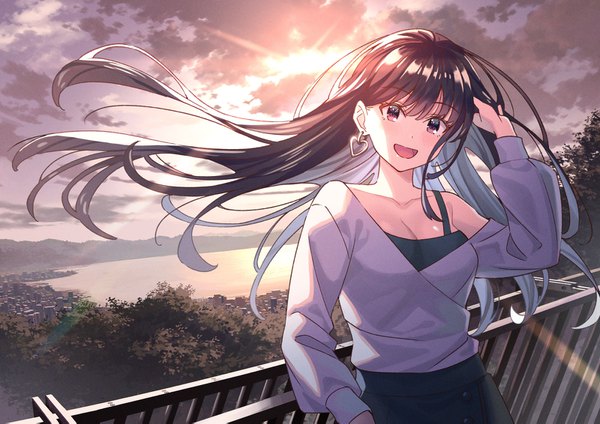 Anime picture 1600x1131 with original koh rd single long hair looking at viewer blush fringe breasts open mouth black hair smile hair between eyes standing brown eyes sky cleavage cloud (clouds) outdoors head tilt :d