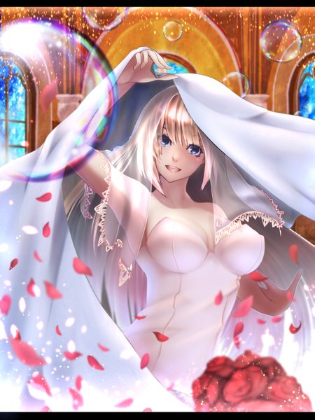 Anime picture 1125x1500 with original big.g single long hair tall image looking at viewer open mouth blue eyes light erotic blonde hair girl dress flower (flowers) petals bubble (bubbles) bouquet