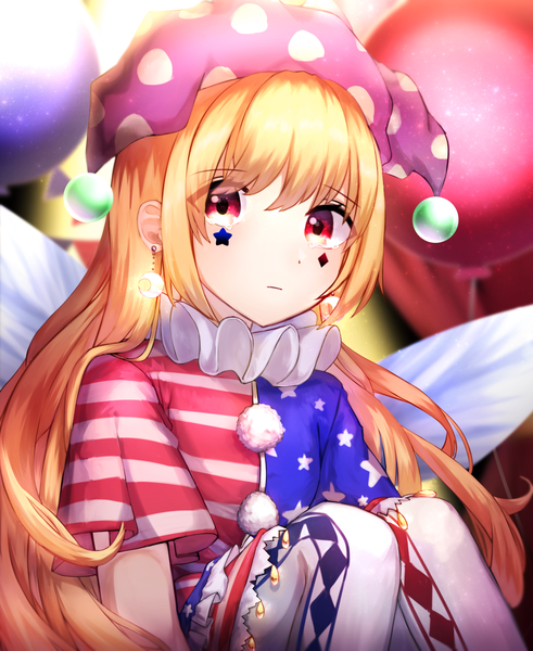 Anime picture 1800x2200 with touhou clownpiece mozuno (mozya 7) single long hair tall image looking at viewer highres blonde hair red eyes sitting tears facial mark rhombus girl hat pantyhose wings pom pom (clothes) balloon