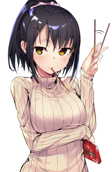 Anime picture 1045x1600 with original monobe tsukuri single long hair tall image looking at viewer blush fringe breasts black hair simple background white background yellow eyes upper body ponytail girl hair ornament food sweets sweater