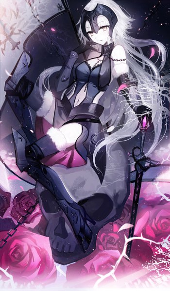 Anime picture 1500x2569 with fate (series) fate/grand order fate/apocrypha jeanne d'arc (fate) (all) jeanne d'arc alter (fate) jeanne d'arc alter (avenger) (third ascension) (fate) juexing (moemoe3345) single long hair tall image looking at viewer light erotic sitting bare shoulders yellow eyes silver hair full body bent knee (knees) bare belly high heels