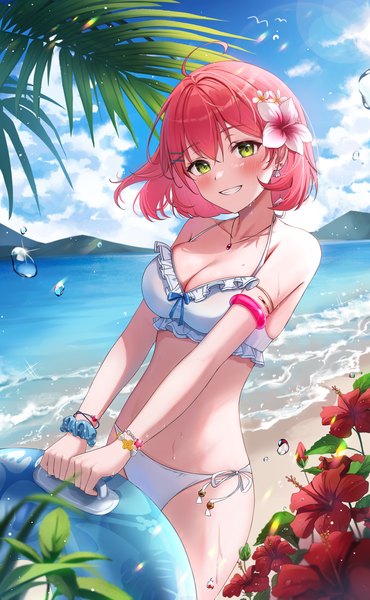 Anime picture 2000x3242 with virtual youtuber hololive sakura miko pora 0918 single tall image looking at viewer blush fringe highres short hair breasts light erotic smile hair between eyes standing holding green eyes sky cloud (clouds)