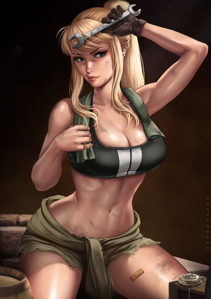 Anime picture 850x1202 with fullmetal alchemist studio bones winry rockbell dandon fuga single long hair tall image fringe breasts blue eyes light erotic blonde hair large breasts holding payot looking away cleavage ponytail arm up lips