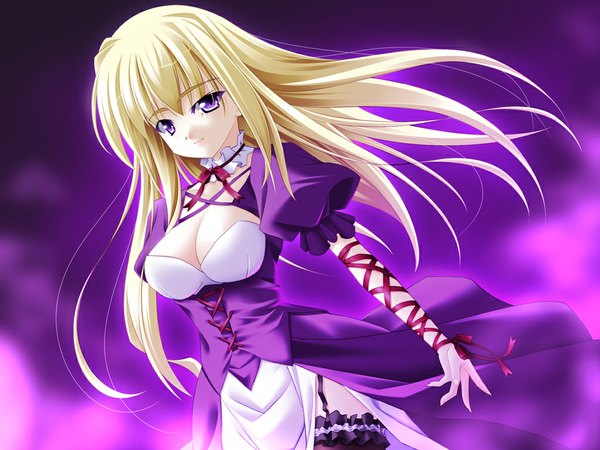 Anime picture 1024x768 with argenteumastrum long hair light erotic blonde hair purple eyes purple background girl dress ribbon (ribbons) frills