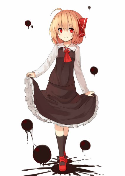 Anime picture 1181x1670 with touhou rumia sh (562835932) single tall image looking at viewer short hair simple background blonde hair smile red eyes standing white background full body ahoge long sleeves skirt hold girl skirt ribbon (ribbons)