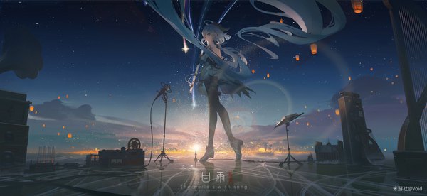 Anime picture 3127x1440 with genshin impact ganyu (genshin impact) void 0 (artist) single looking at viewer fringe highres hair between eyes wide image standing purple eyes holding signed cloud (clouds) full body ahoge outdoors very long hair horn (horns) aqua hair