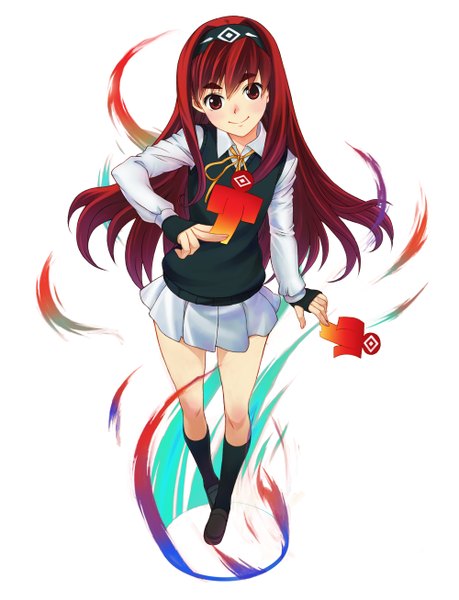 Anime picture 2000x2615 with hirokiku single long hair tall image looking at viewer blush highres simple background smile red eyes white background red hair girl uniform school uniform socks hairband fingerless gloves black socks vest