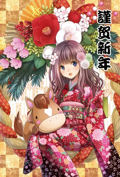 Anime picture 676x1000 with original akisaki rio single long hair tall image looking at viewer blush open mouth blue eyes black hair traditional clothes japanese clothes new year nengajou 2014 girl hair ornament flower (flowers) kimono obi