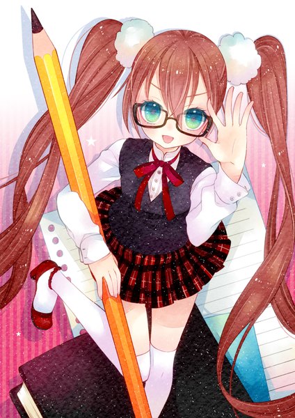 Anime picture 2480x3508 with original fuyu mochi single long hair tall image highres open mouth brown hair standing twintails green eyes very long hair standing on one leg girl thighhighs uniform school uniform white thighhighs glasses pencil