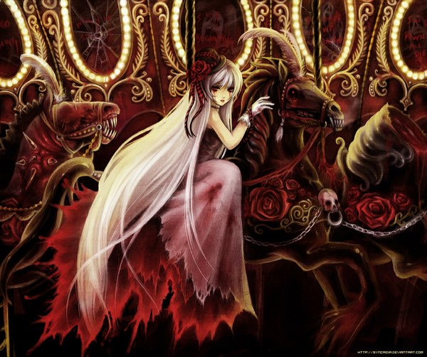 Anime picture 1057x885 with original synpai single long hair looking at viewer red eyes sitting silver hair white hair very long hair inscription teeth lipstick torn clothes striped sharp teeth destruction girl dress gloves
