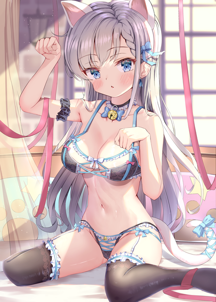 Anime picture 1295x1812 with idolmaster idolmaster cinderella girls idolmaster cinderella girls starlight stage hisakawa hayate tudon (donut) single long hair tall image looking at viewer blush fringe breasts open mouth blue eyes light erotic large breasts sitting animal ears payot cleavage