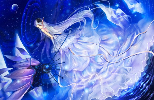 Anime picture 1113x724 with okuma mai long hair red eyes white hair hair flower pointy ears elf space girl dress hair ornament insect crystal planet