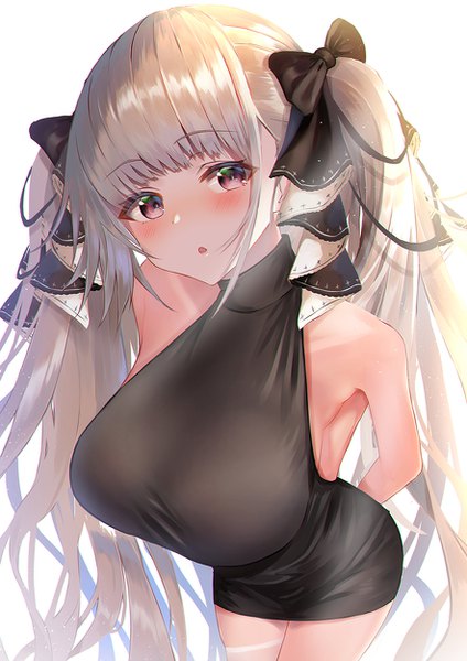 Anime picture 884x1250 with azur lane formidable (azur lane) yk (pixiv43531291) single tall image looking at viewer blush fringe breasts open mouth light erotic simple background red eyes standing white background twintails bare shoulders blunt bangs very long hair head tilt
