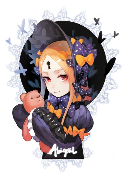 Anime picture 700x993 with fate (series) fate/grand order abigail williams (fate) soyoong jun single long hair tall image looking at viewer blonde hair smile red eyes upper body character names portrait girl bow hair bow hat toy stuffed animal