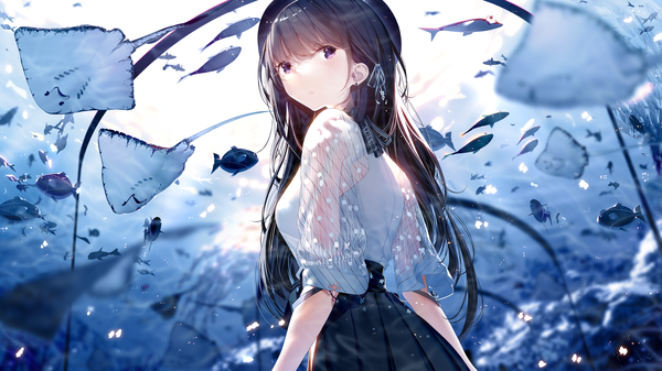 Anime picture 1920x1080 with original atha (leejuiping) single long hair fringe highres black hair wide image standing purple eyes looking away blunt bangs parted lips pleated skirt looking back from behind from below wallpaper girl skirt